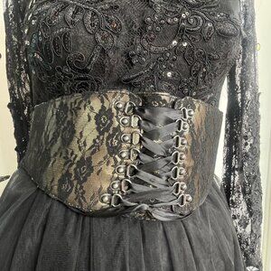 Black Gold Lace Waist Cincher Corset Belt Goth Glam Coquette Lace Up Waist Belt